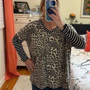 Sew In Love Leopard V-Neck with Striped Sleeves